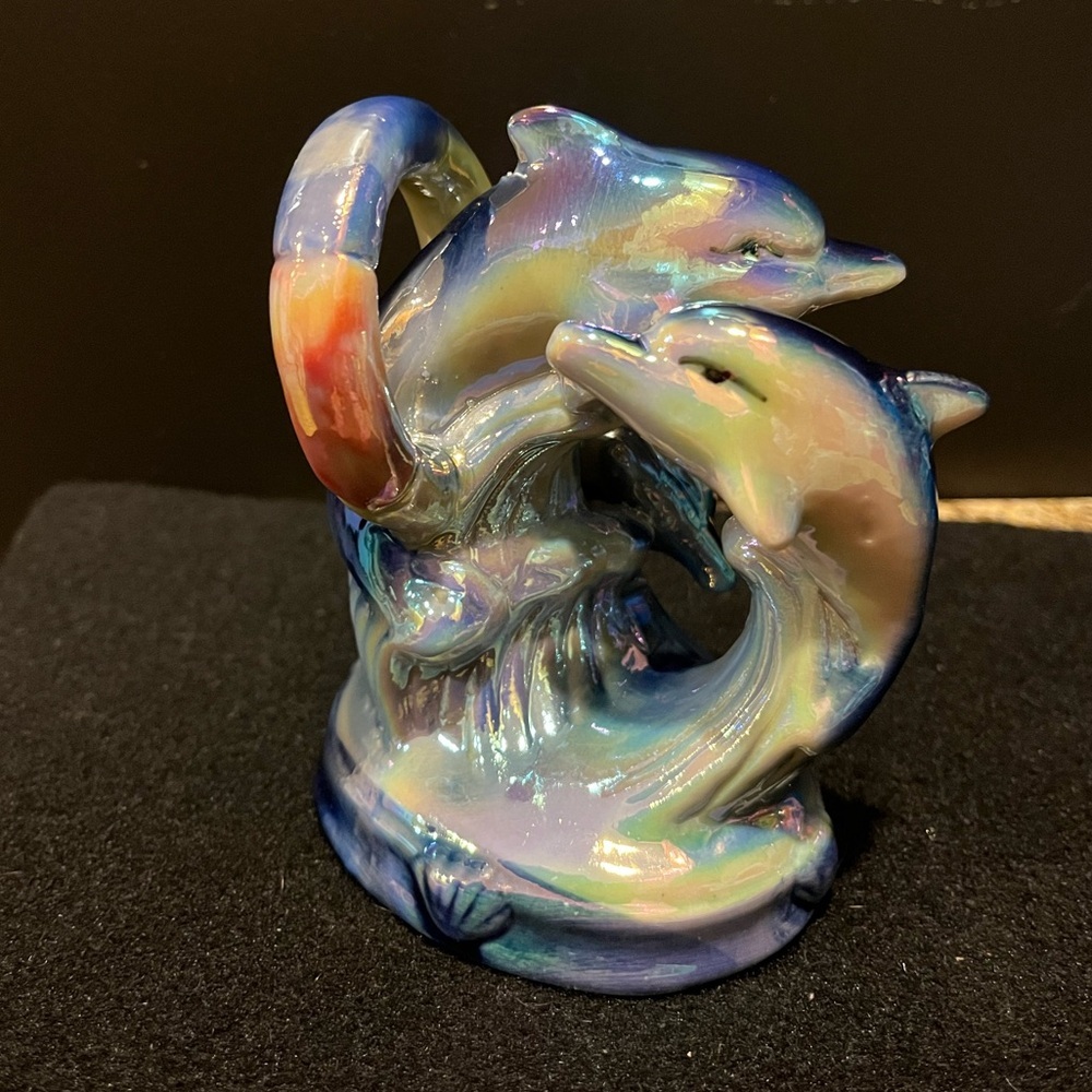 Vintage Dolphins Swimming Through Hoop Iridescent Rainbow Lusterware Figurine - Picture 6 of 12